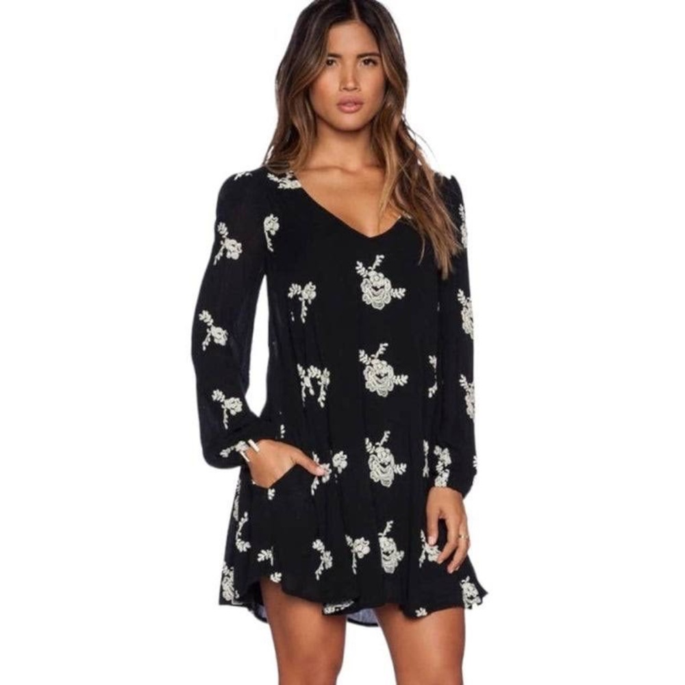 Free People Emma Embroidered Long Sleeve Babydoll Mini Swing Dress XS